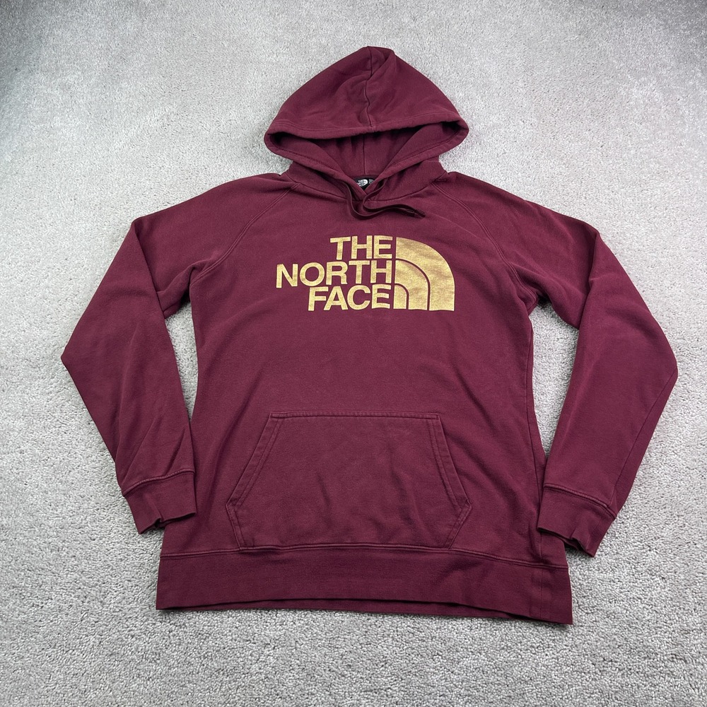 North Face Hoodie Womens Medium Burgundy Gold Metallic Logo Pullover Sweatshirt